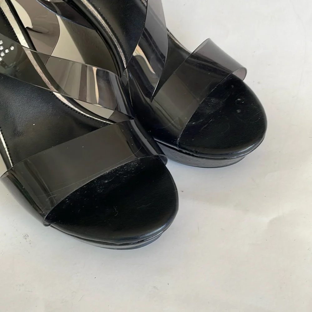 Juicy Couture Carefully Black Clear Strappy Y2K Wedge Sandals size 9